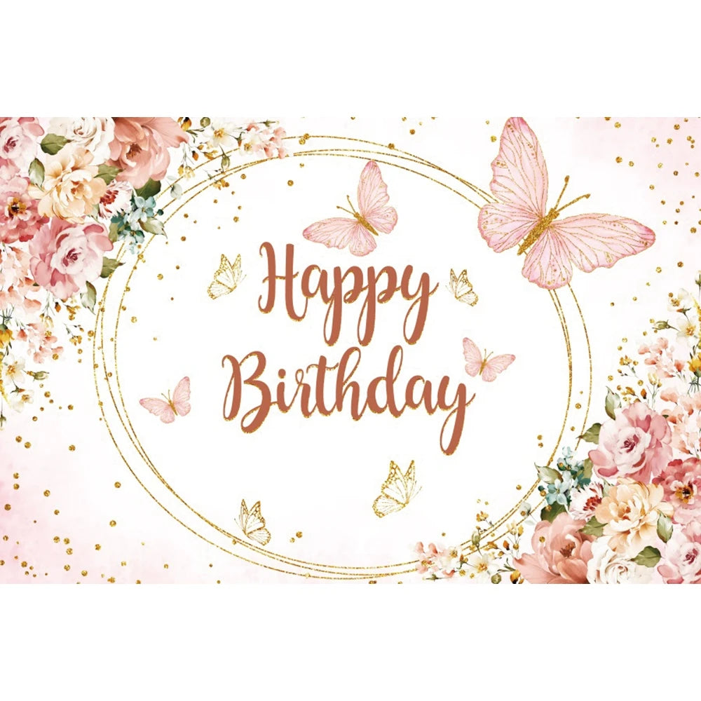 Happy Birthday Backdrop Gold Frame Frame Flower Butterfly Baby Shower Adult Anniversary Birthday Party Photography Background