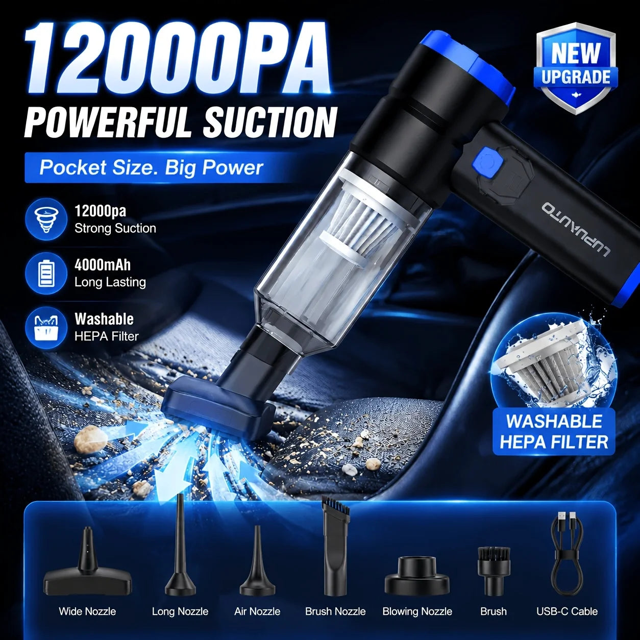 12000Pa 4 in 1 Car Vacuum Portable Cordless High Power Hand Held Vacuum, Brushless Motor Handheld Vacuum Cordless Air Duster