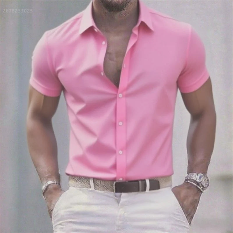 Solid color men's casual shirt, fashionable casual short sleeve stretch fabric, business formal shirt, comfortable fabric