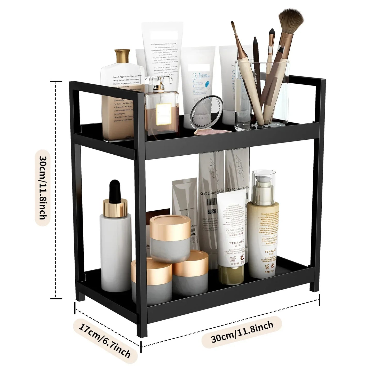 2 Tier Under Sink Organizer Sliding Cabinet Basket Organizer Storage Rack with Hooks Hanging Cup Bathroom Kitchen Organizer