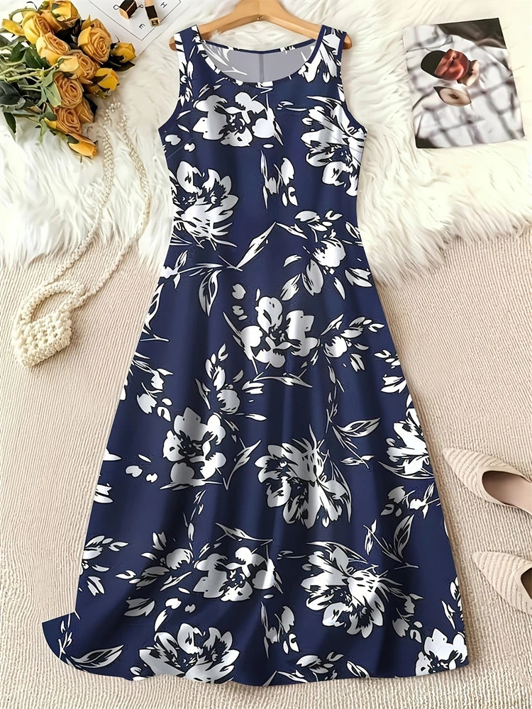 Summer Fashion Round-Neck Women's Dresses Botanical Floral Color-Blocked Patchwork Dresses Travel Party and Beach Dresses