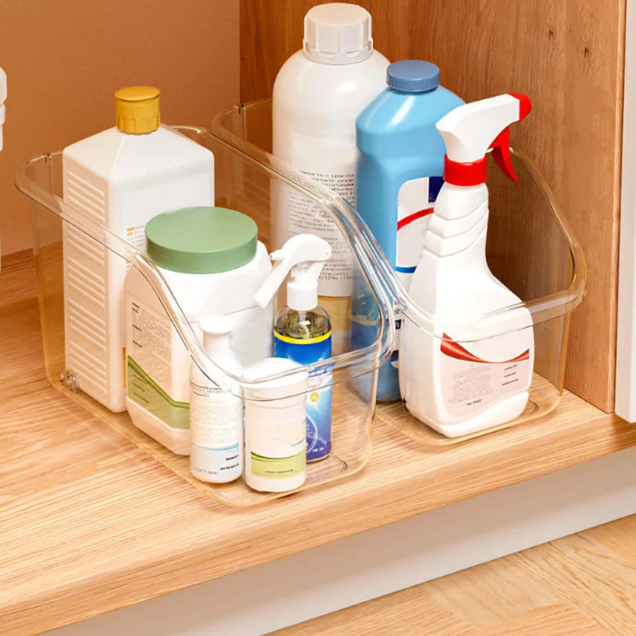 Pull-Out Cabinet Organizer Bin with Roll Wheels Clear Kitchen Bathroom Cabinet Under-Sink Organizer and Storage Organizer Basket