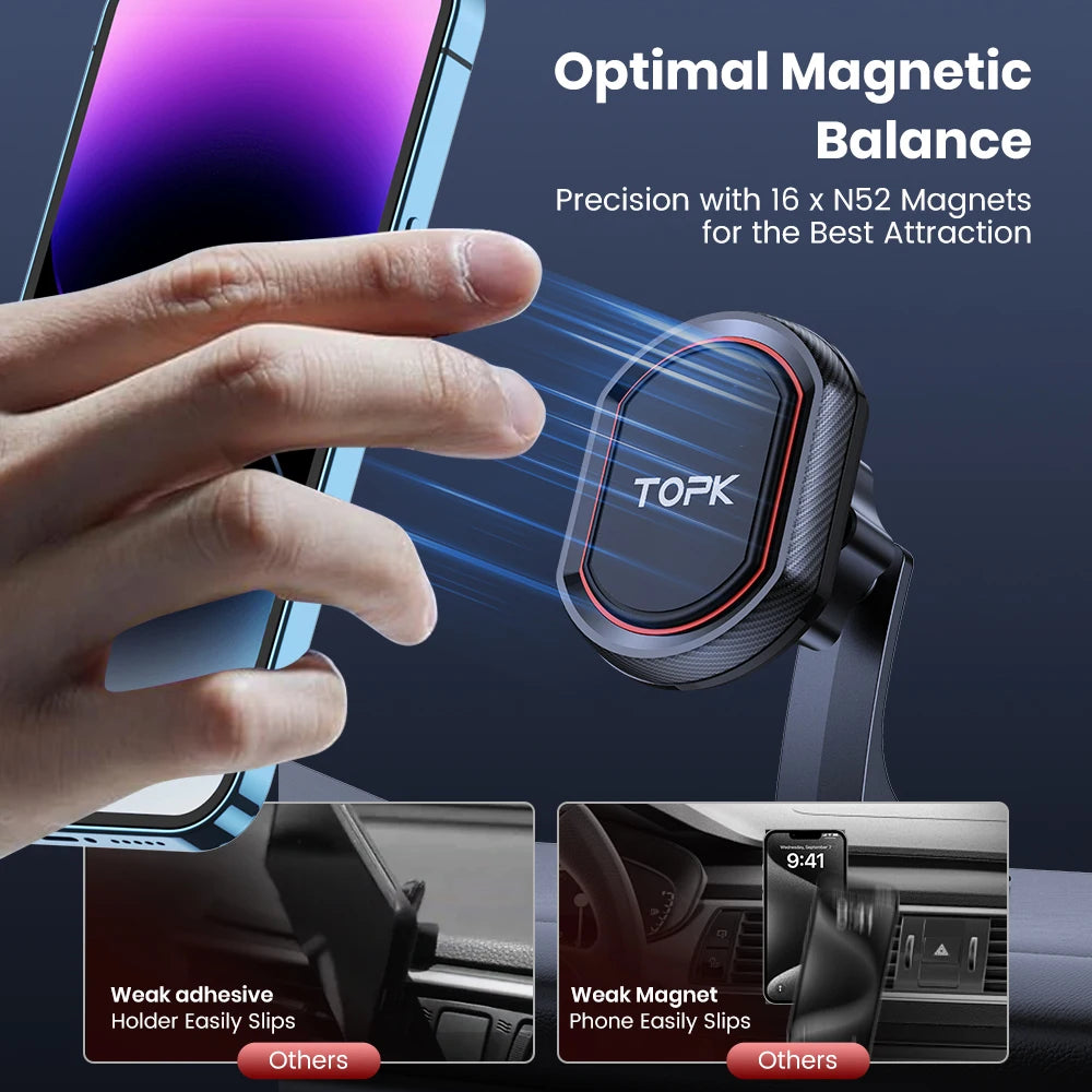TOPK Car Phone Holder Dashboard Mount [Super Strong Magnet] Magnetic Car Mount Phone Stand For iPhone15 Samsung Car Phone Mount