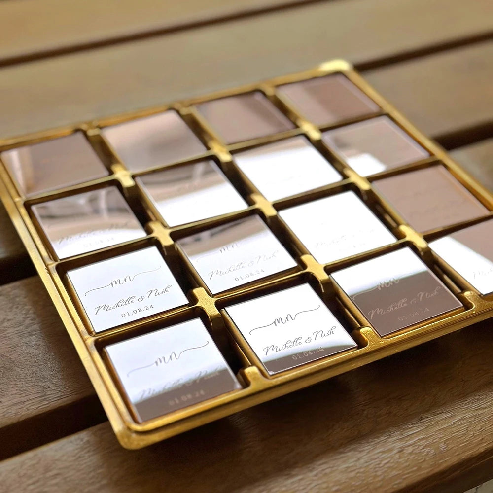 Personalized Tag Engraved Gold Mirror Acrylic Square Custom Place Cards Chocolate Sign Baby Shower Laser Cut Name Guest Gift