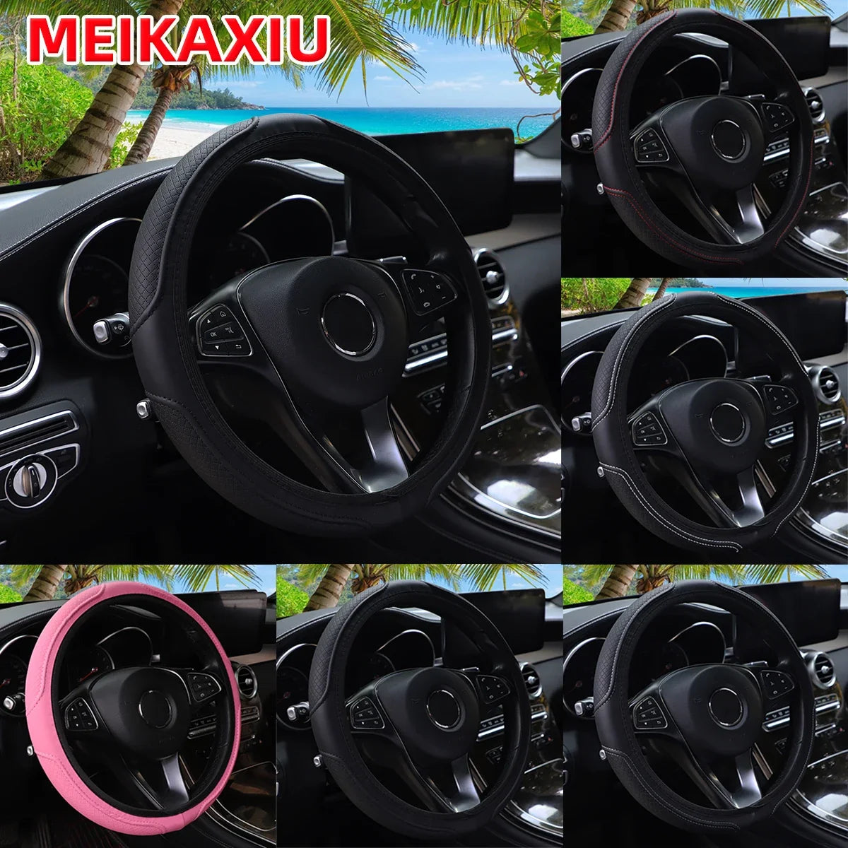 PU Leather Embossed Steering Wheel Cover 14.5-15 Inch round Rimless Design for All Seasons Men Women Cars