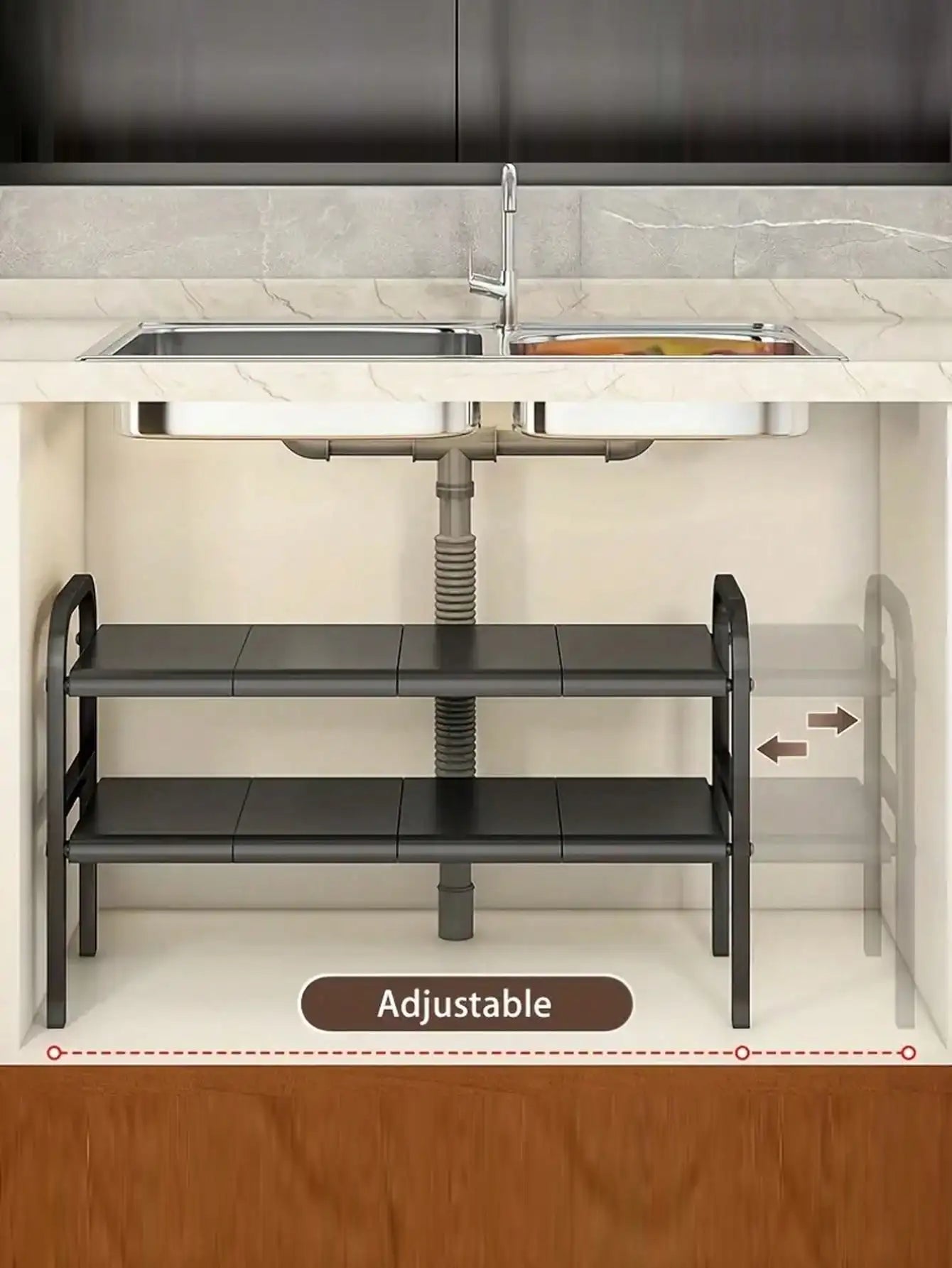 1pc Under Sink Organizer 2 Tier Expandable Kitchen Rack Shelf Black Metal Pot Pan Holder With Removable Panels Height Adjustable Cabinet Storage Shelves Rack For Kitchen Bathroom Counter Organization Gift