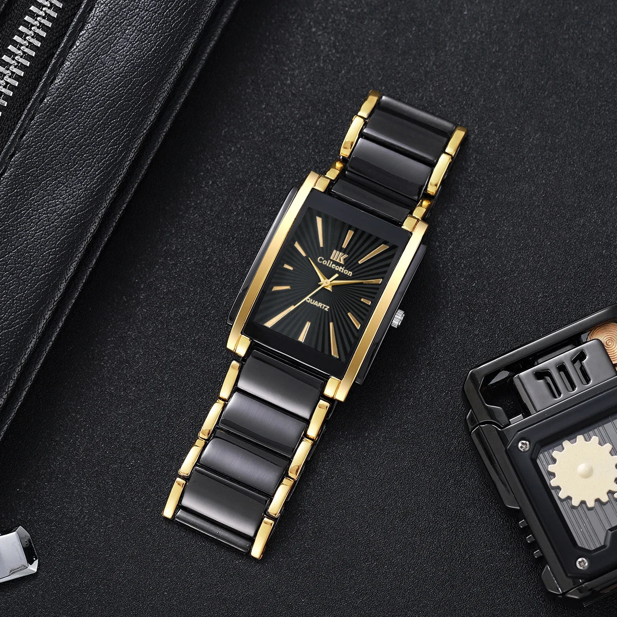 4PCS Luxury Men Business Watches Jewelry Set Fashion Rectangle Dial Male Quartz Watch Reloj Hombre(Without Box)