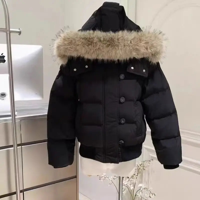 American Retro Fur Collar Warm Solid Color Women Hooded Cotton Coat Ins Winter Loose Casual Slim Cotton Coat Jackets