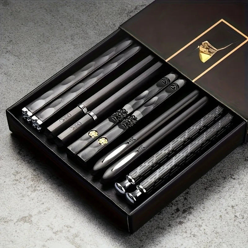 9.57in Japanese-Style Black Alloy Chopsticks Set - Reusable Tableware in Gift Box
