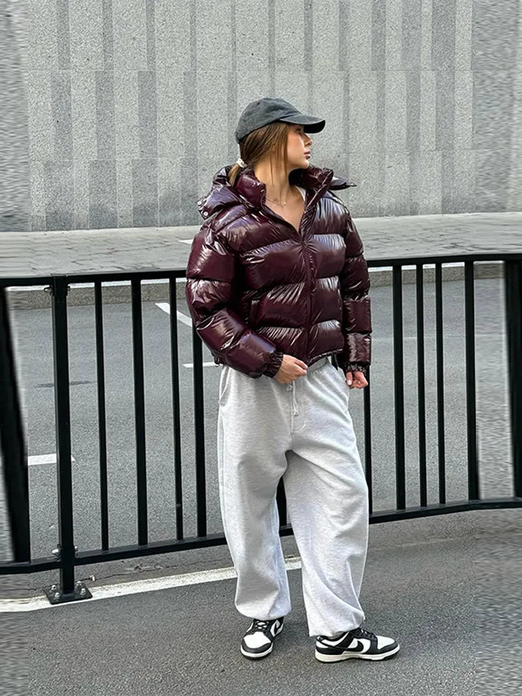 Women Solid Hooded Glossy Padded Jacket Long Sleeve Stand Zipper Fluffy Warm Coat Autumn Winter 2025 Chic Casual Street Jackets