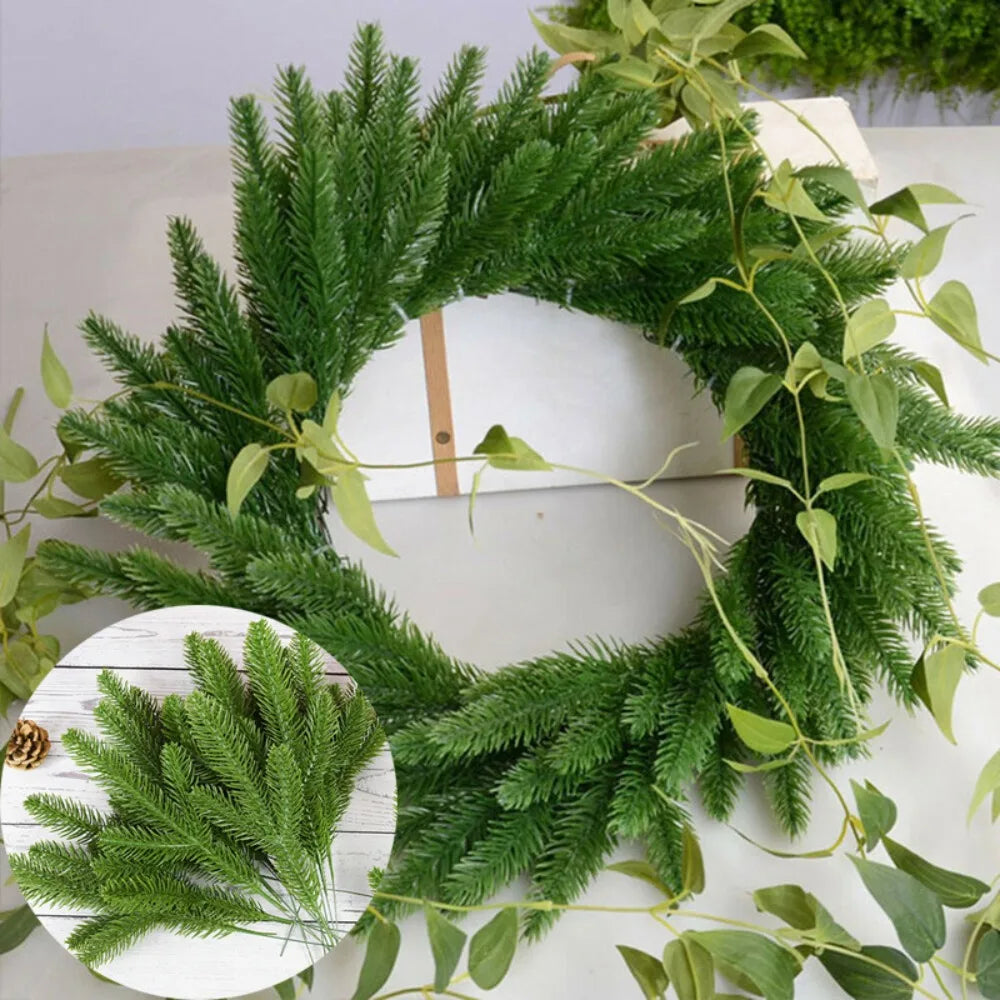 24pcs Christmas Tree Pine Branches Artificial Fake Plants Snow Pines Garland For Christmas Wreath Party Decor Xmas Ornament