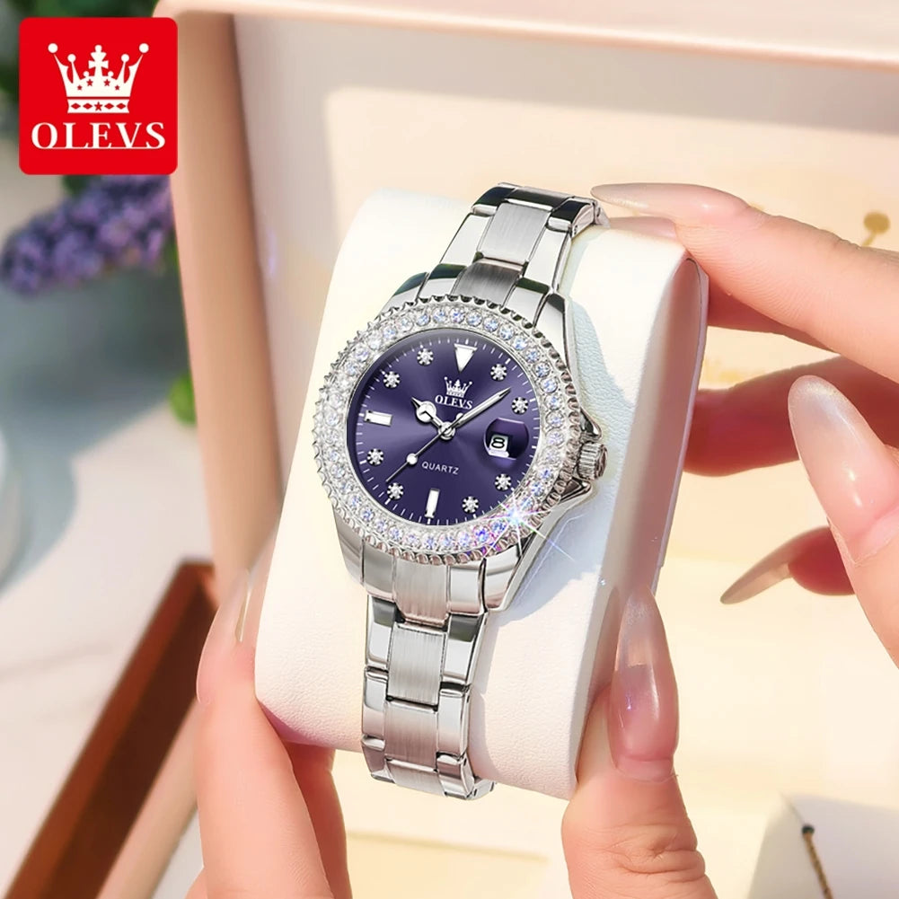 OLEVS Elegant Original Quartz Women's Watch Luxury Diamond Dial Fashion Steel Band Leather Band Waterproof Glow Watch 9945