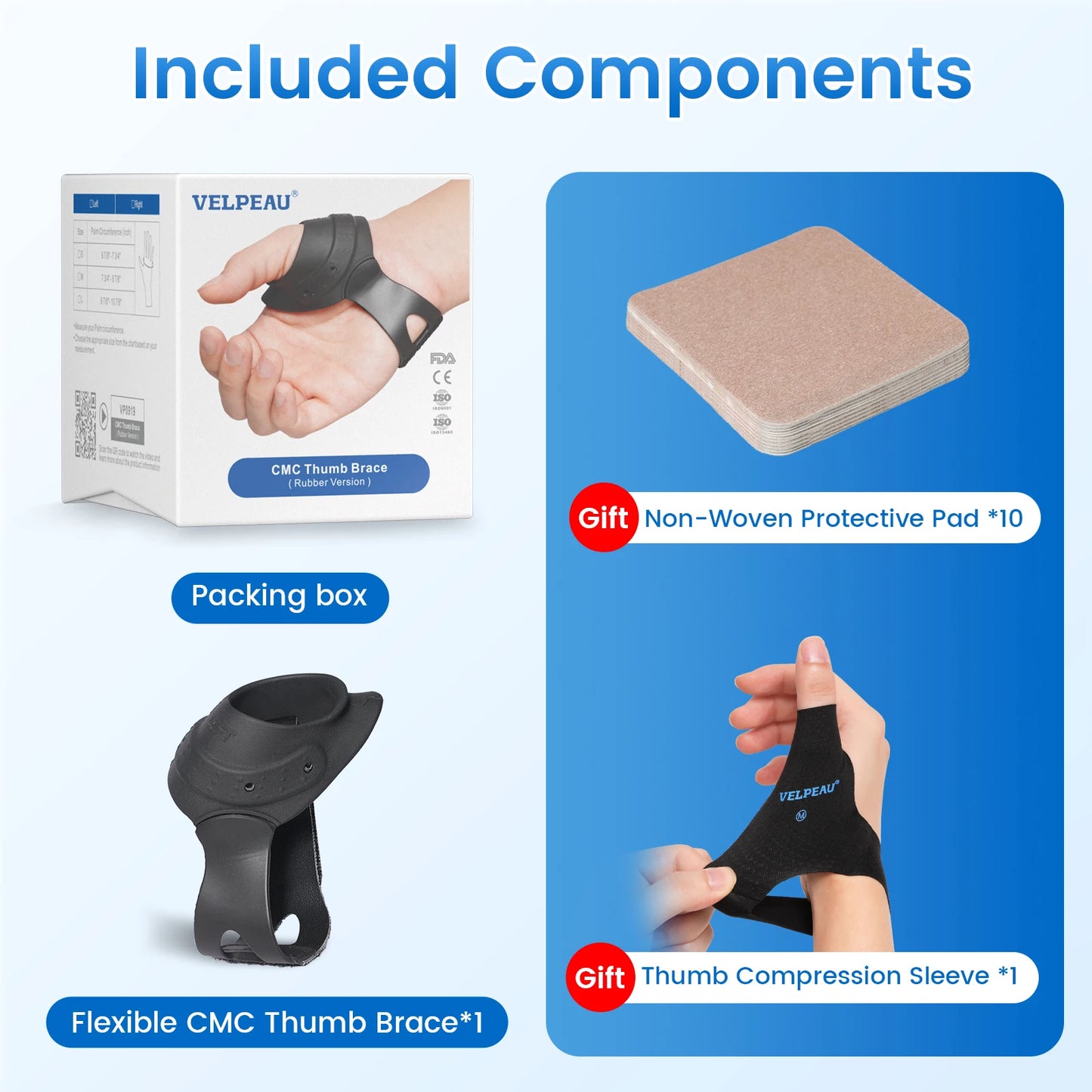 VELPEAU Flexible CMC Thumb Brace for Arthritis Pain and Thumb Base Support, Soft Rubber Thumb CMC Joint Splint for Women Men