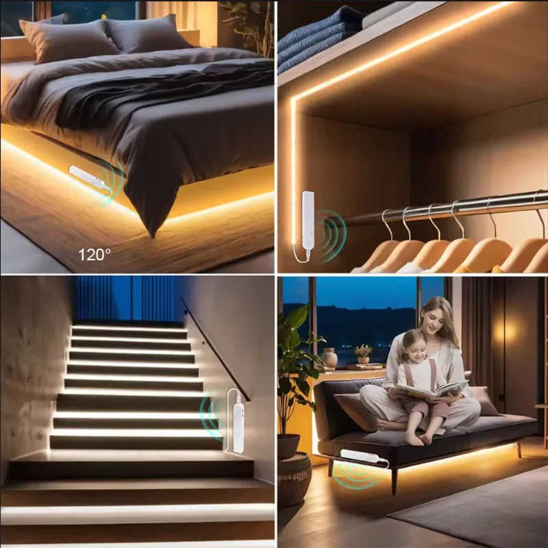 5V LED COB Light Strip with Motion Sensor Powered by Battery Or USB Cable for Cabinet Wardrobe Liner Lighting