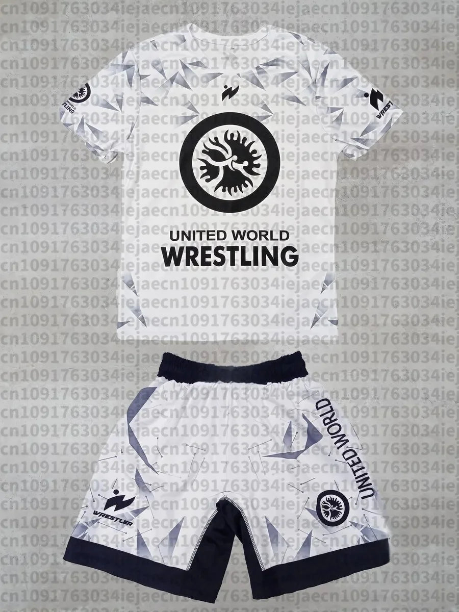 2026 New Summer Men United World Wrestling Sportswear Set Short Sleeve T Shirt and Shorts for MMA Training Lightweight