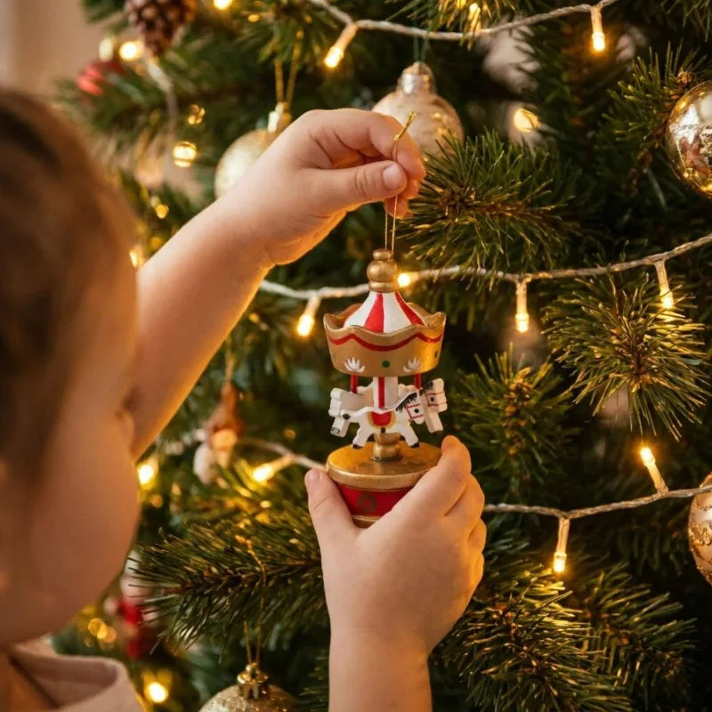Xmas Carousel Hanging Pendant Wooden Carousel with Hanging Cord Christmas Tree Decorations Holiday Gifts Wooden Horse Ornament