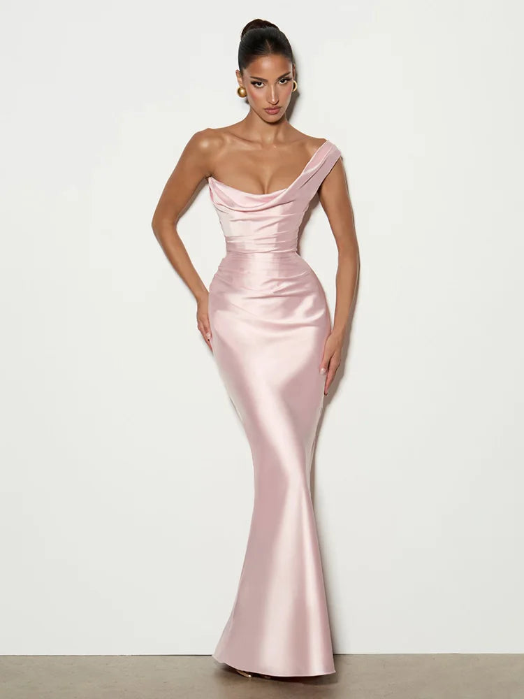 Rinabe Solid Cinched Waist Dress One Shoulder Satin Low Chest Evening Gown Ruched Backless Sexy Back Lace Up Chic Party Dresses