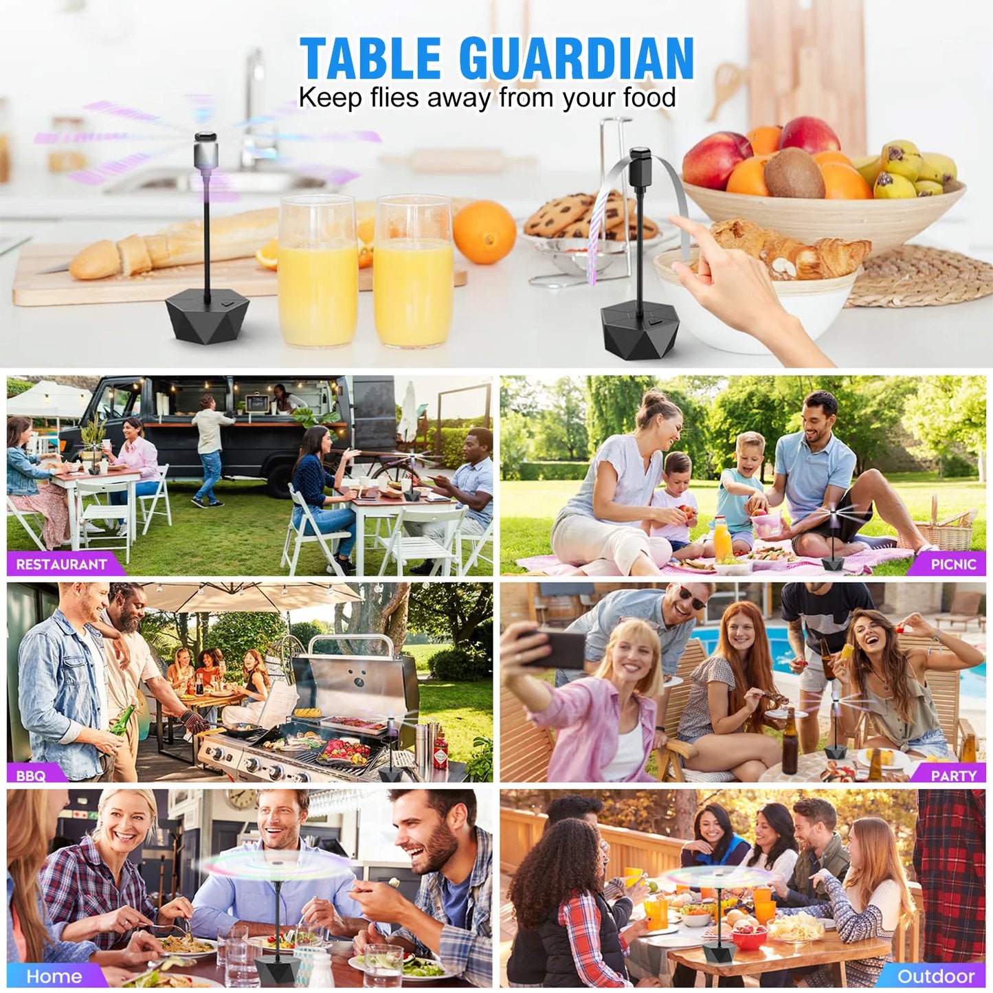 Rechargeable Fly Fan for Tables - Holographic Blades Keep Flies Away Indoors/Outdoors, Ideal for Picnic, Party & BBQ