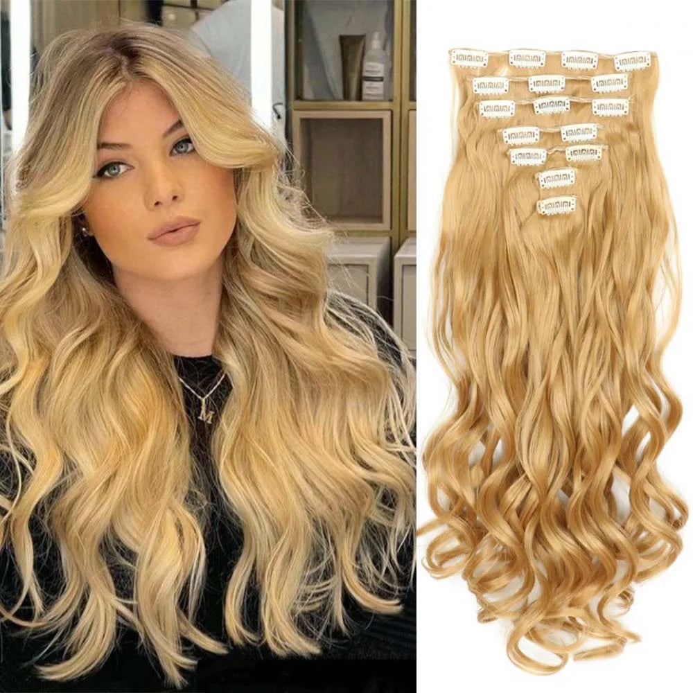 22 Inch Elegant Sexy White Hair 7Pcs/Set 16 Clips Long Curly Wave, Body Wave Synthetic Hair Extensions Clip-in Hair Extensions