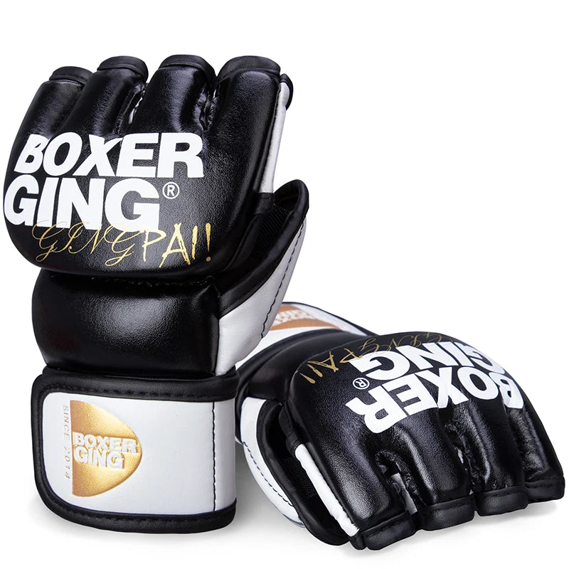 GINGPAI Half Finger Boxing Gloves PU Leather MMA Fighting Kick Boxing Gloves Karate Muay Thai Training Workout Gloves Men