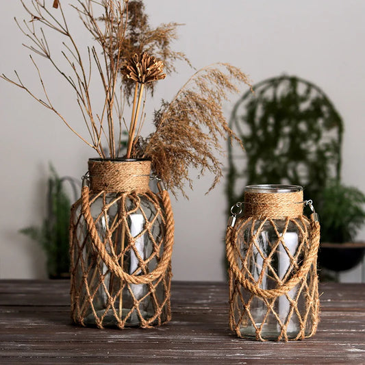 1 Piece Bohemian Vintage Creative Handwoven Mesh Pocket Clear Glass Vase, Portable Floral Hydroponic Vase Decorative Ornament