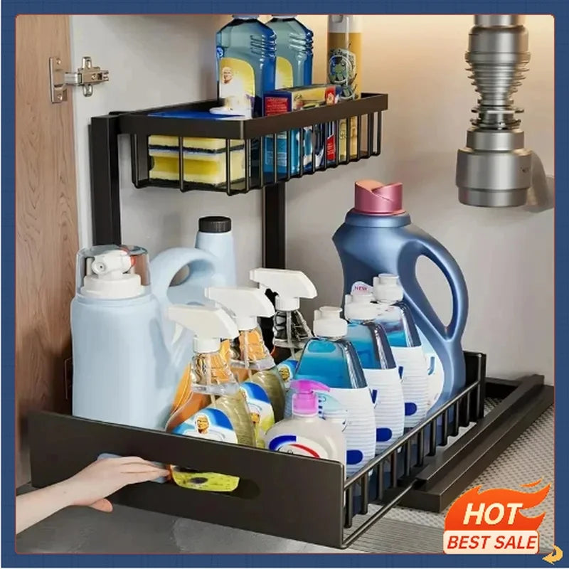 Household Pull Out Under Sink Shelf 2 Layer Sliding Storage Rack Practical Organizer For Kitchen Bathroom Cabinet