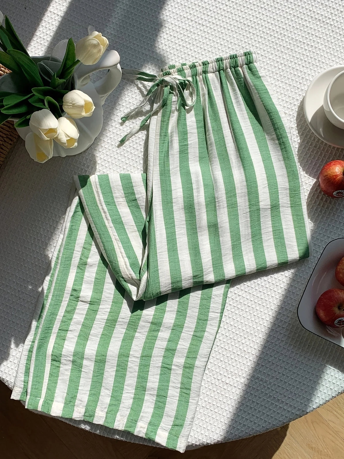 New fashion stripe trousers  Stylish lady Women'S Long Striped Drawstring high Waist Comfortable Loose Wide-Leg Pants