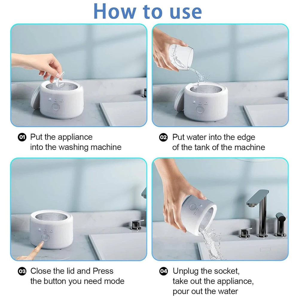 Portable Ultrasonic Retainer Cleaner Machine for Dentures Retainer Mouth Guard Aligner Whitening Trays Personal Oral Supplies
