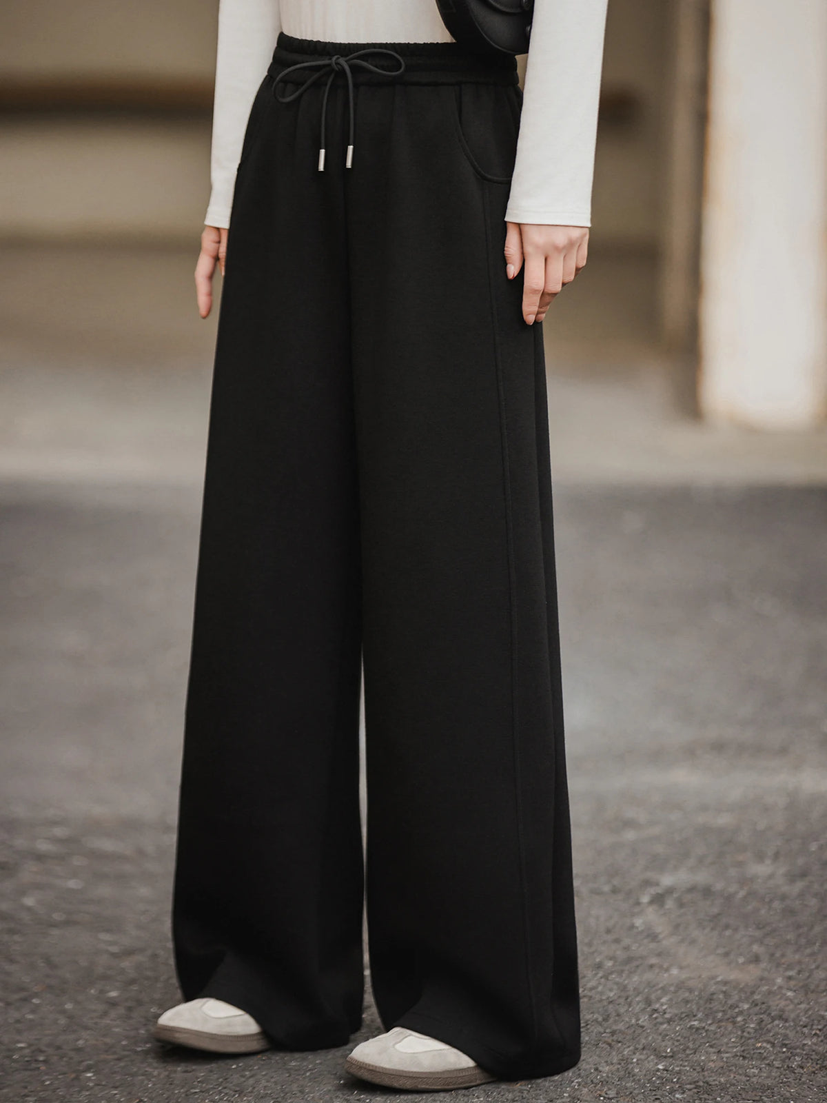 XIAOGULI 2026 Autumn Women Black High Stretch Elastic High Waist Wide Leg Pants Loose Fit Black Casual Regular Petite 2 Types