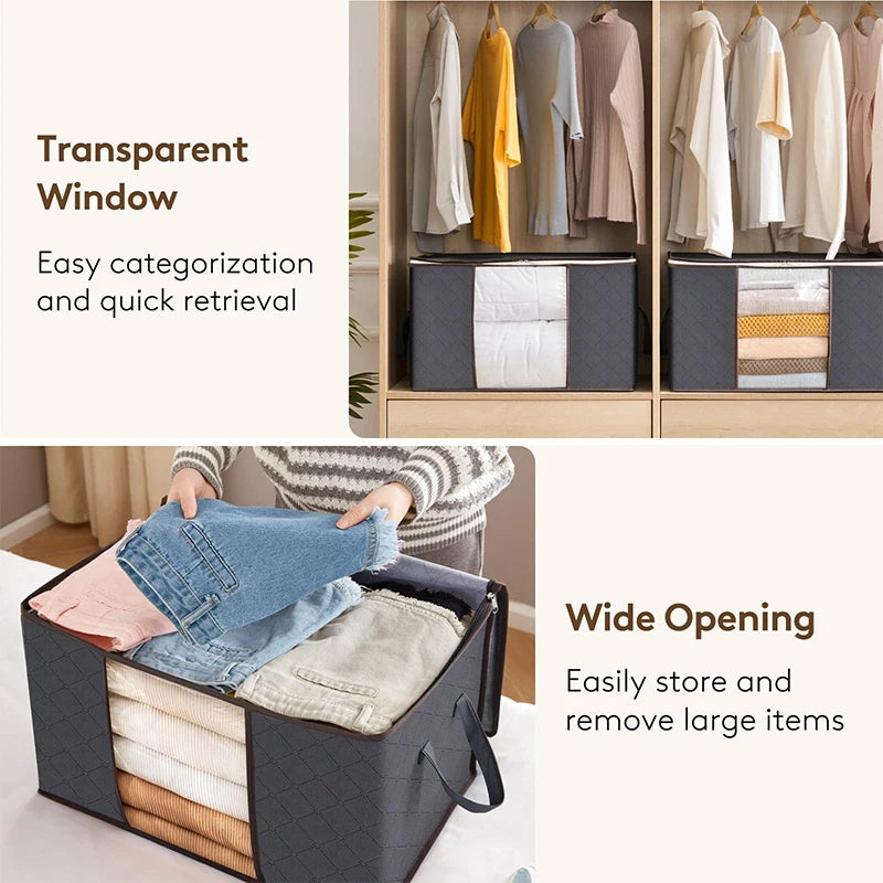 Storage Set | Foldable Clothes Organizer Bags with Clear Window Sturdy Handle | For Wardrobe Dorm Pillow Bedding Clothes Blanket
