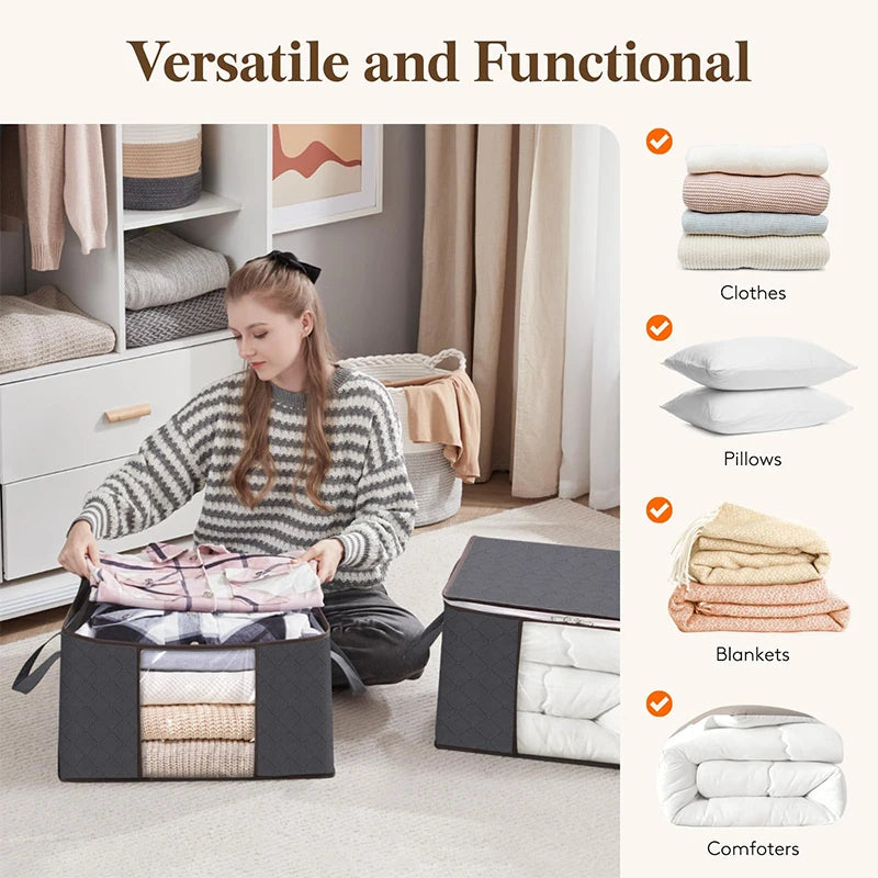Storage Set | Foldable Clothes Organizer Bags with Clear Window Sturdy Handle | For Wardrobe Dorm Pillow Bedding Clothes Blanket