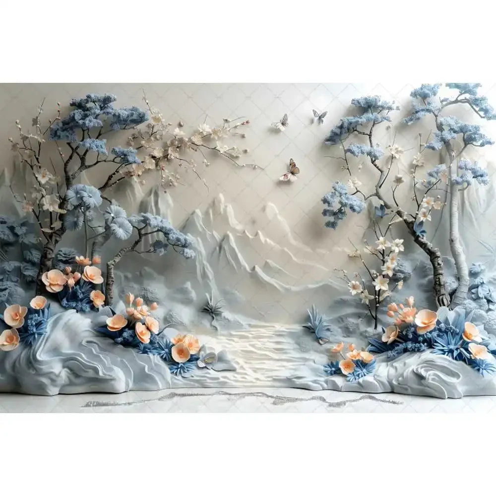 Blue gradual change butterfly wedding photography background custom dream flower portrait photo decoration banner studio supplie