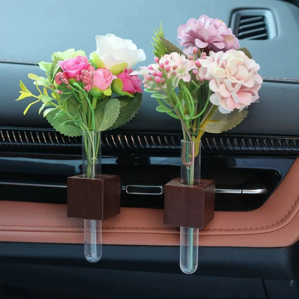 Hydroponic Plant Holder Car Air Vent Flower Decoration Rack Auto Interior Ornament Black Brown Wood Simple Elegant Accessory