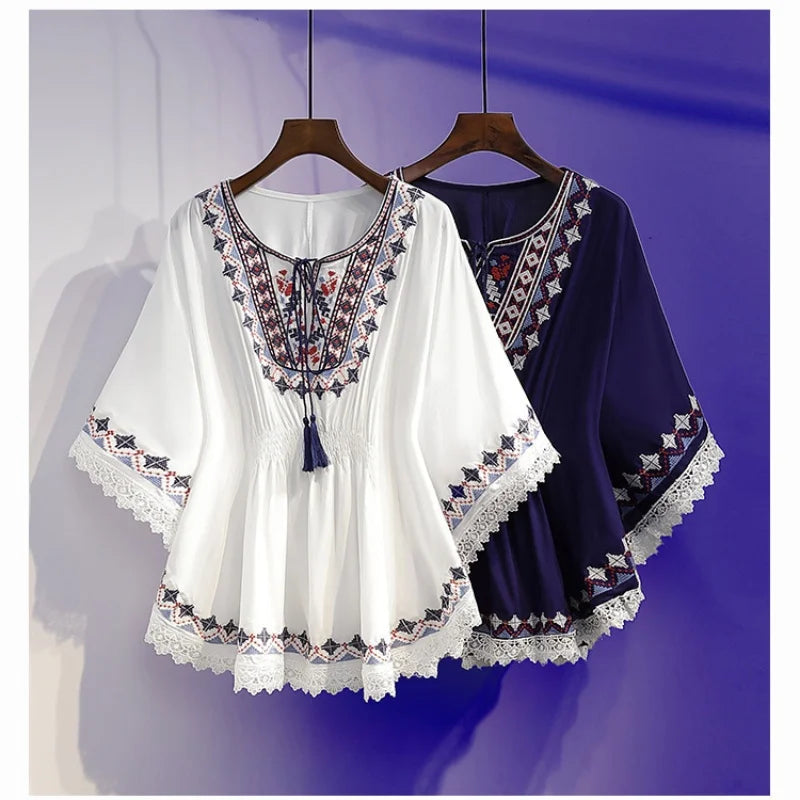 Women Summer Tees Retro Boho Style Print Crop Blouses Cloak Top Loose Cotton Lace Hem Bat sleeve Kimono Shirts Blusa Feminina