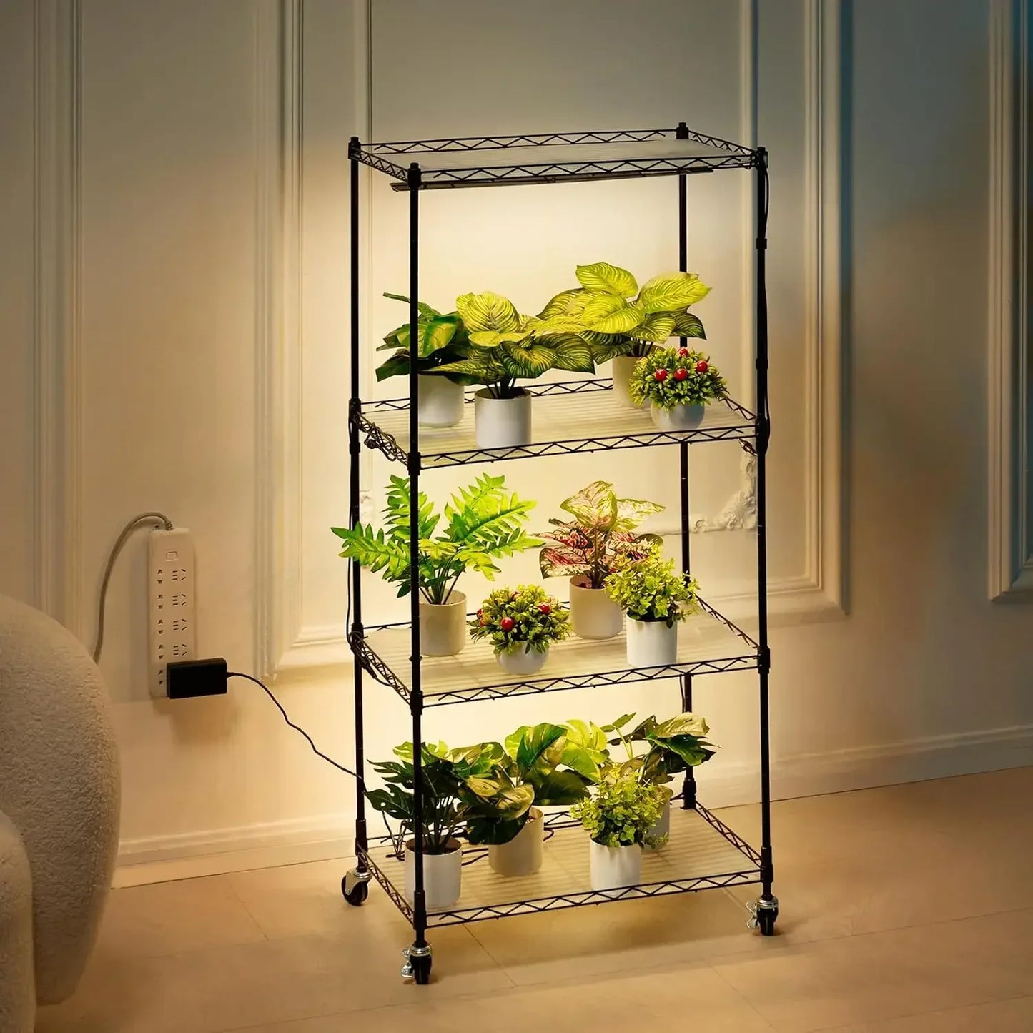 4-Tier Plant Shelf with 45W Full Spectrum Grow Light,Metal Grow Light Shelf for Indoor Plants