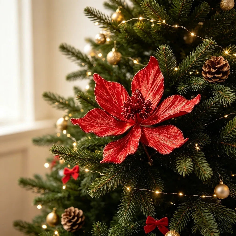 1/3Pcs 20cm Christmas Glitter Artificial Flowers Ornaments Faux Flower for Xmas Tree Wreath New Year 2026 Holiday Decoration