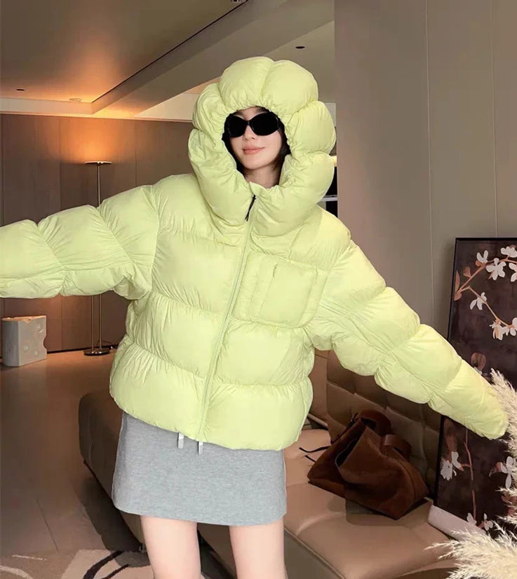 ZAROY Puffy Cotton Jacket Women Winter Warm Thicken Parka Drawstring Hooded Short Coat Windproof Y2K Streetwear куртка женская