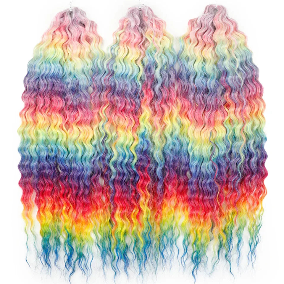 LOVE ME 22 Inch 300g/3pcs Ariel Curl Hair Water Wave Twist Crochet Hair Synthetic Ombre Rainbow Color Braiding Hair Extensions