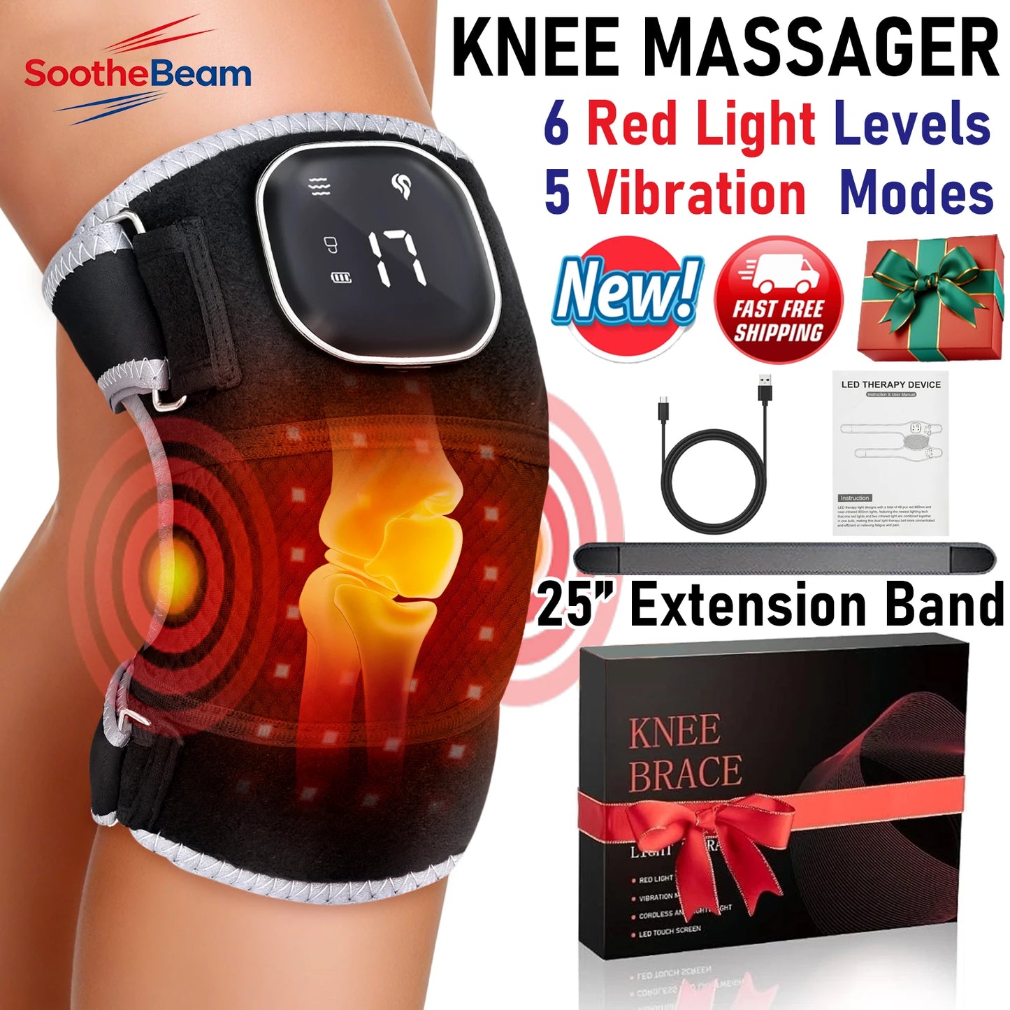 USB 3-IN-1 Red Light Therapy Brace 660nm 850nm Infrared Heating Vibration Massage Pad for Knee Shoulder Elbow Joint Pain Relief