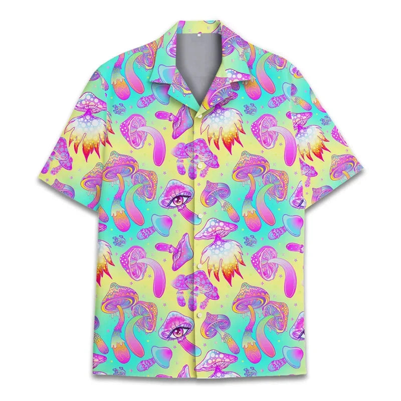 Colorful Mushroom 3d Print Hawaiian Shirt Men Summer Vacation Shirts Button Lapel Short Sleeve Street Beach Aloha Shirt Clothing