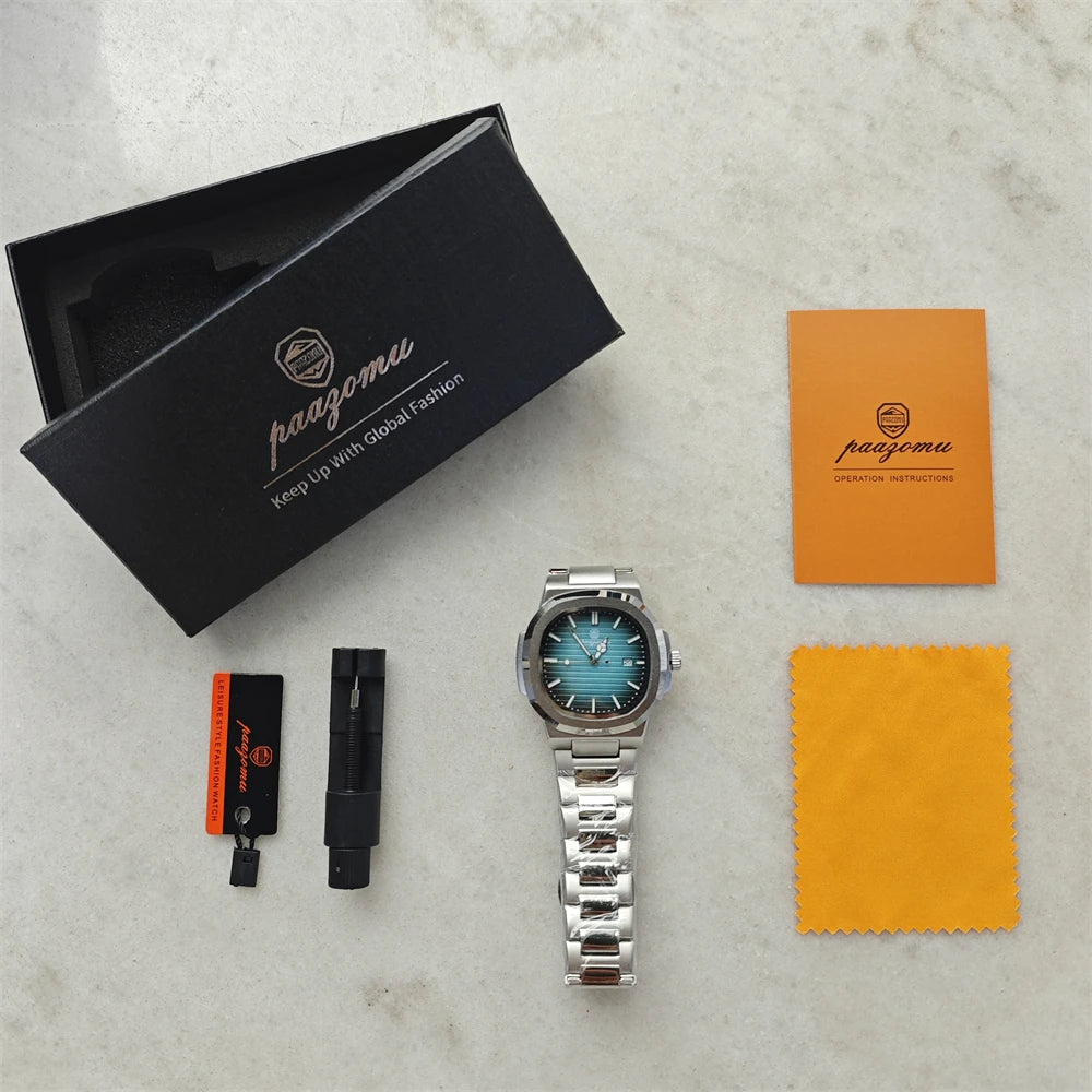 PAAZOMU Luxury Watch Business 50 ATM Waterproof Male Clock Luminous Date Stainless Steel Square Quartz Men Watches Reloj Hombre