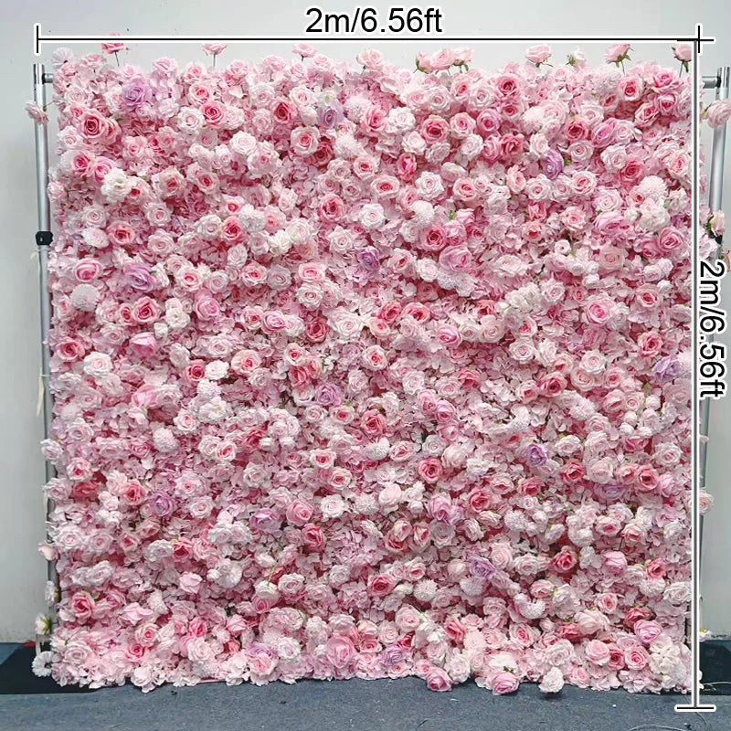 8ft/3.2ft Pink Flower Wall Artificial Silk Rose Backdrop For Wedding Decor Party 5D Floral Wall Roll Up Hanging Event Props