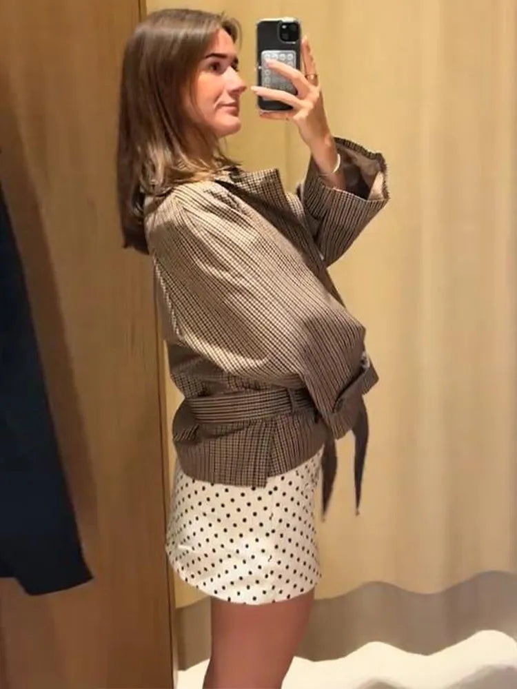 Vintage Plaid Belted Jackets Women Slim Full Sleeves Double-breasted Lapel Cropped Coats 2026 New Ladies Autumn Fashion Outwear