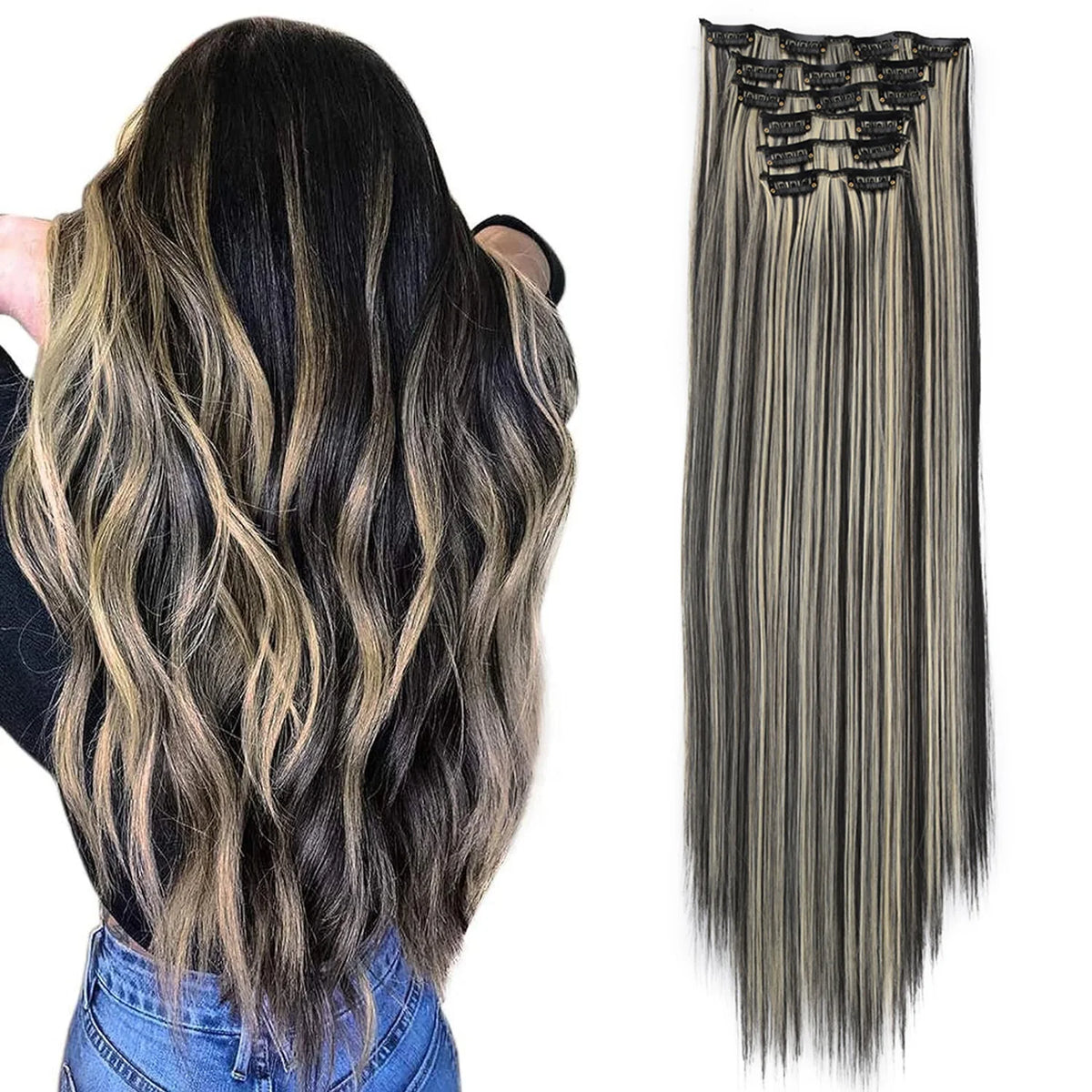 Synthetic Clip In Hair Extensions 6PCS Hair Extensions 24 Inch Long Straight 16 Clip On Hairpieces For Women Girls