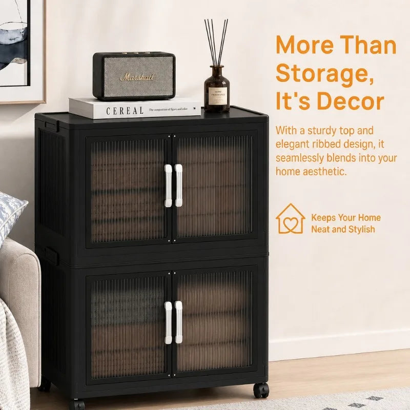 5‑Tier Stackable Plastic Storage Cabinet with Wheels, Foldable Storage Organizer with Transparent Flip‑Door, Multi‑Layer Portable Closet Organizer for Bedroom Living Room Home