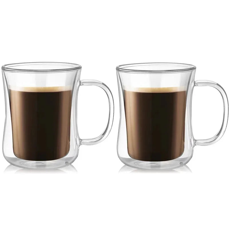 YWDL 1-4pcs Double Wall Glass Espresso Cups Clear Coffee Mug With Handle For Hot Cold Beverage Wine Milk Juice Drinkware Set