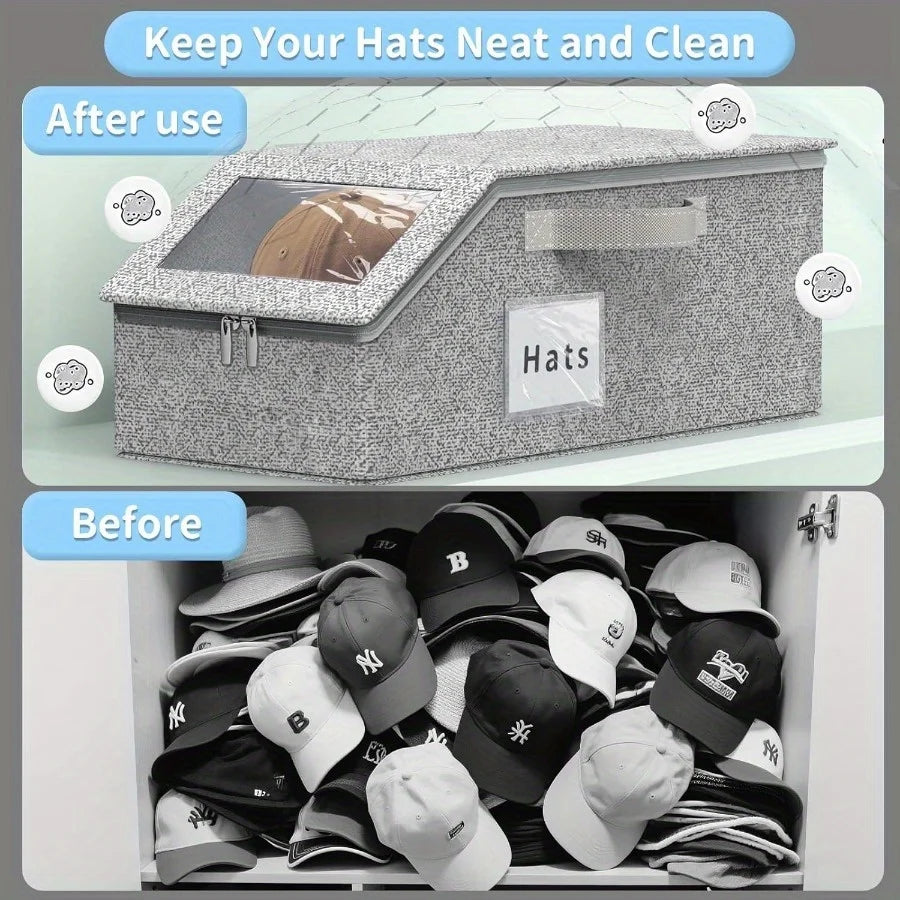 Stackable 13-Hat Storage Box – Clear Window, Zipper Dust-Proof, Foldable Organizer for Caps & Scarves