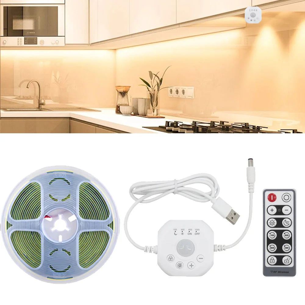 USB 5V COB LED Strip Light PIR Motion Sensor 1m 2m 3m 5m Dimmable Flexible Wardrobe Cupboard Cabinet Lighting Timer Auto ON/OFF