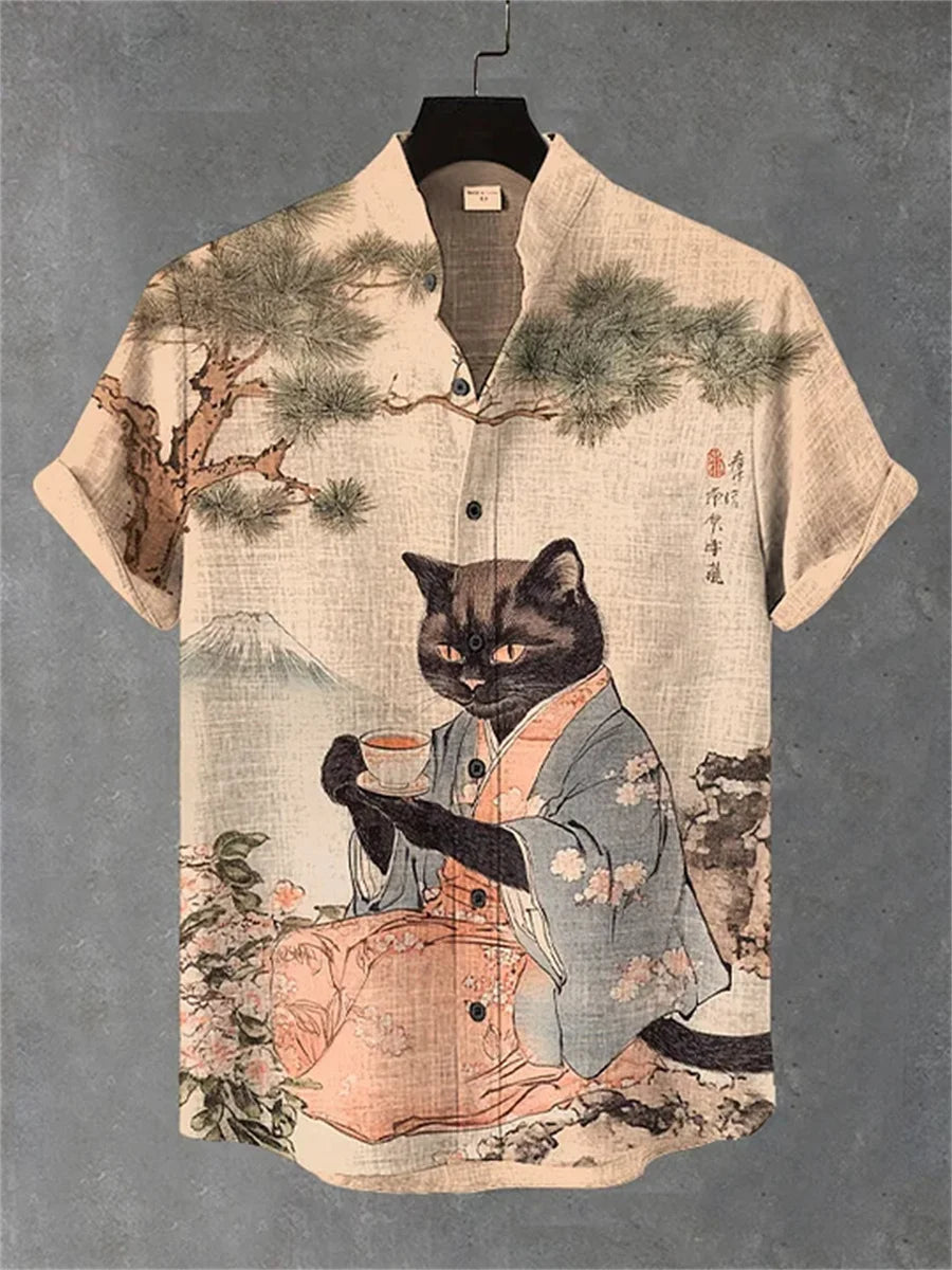 Men's short-sleeved shirt with a fun cat print, stand-up collar, single-breasted casual style. Hawaiian shirt, men's unique top.