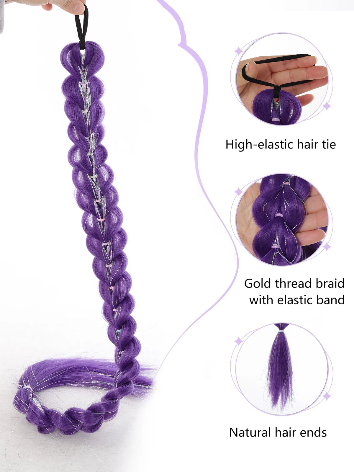32inch Braided Purple Hair Ponytail with Tinsel Hair Wig Super Extensions Shiny Tinsel Hair for Kids Christmas Cosplay Rumi Hair